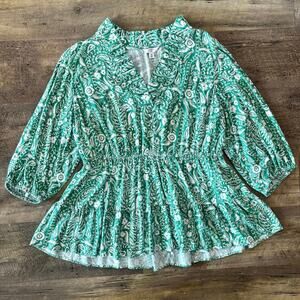 Crown & Ivy Green and White Floral Paisley Ruffle Collar Top Size 1X